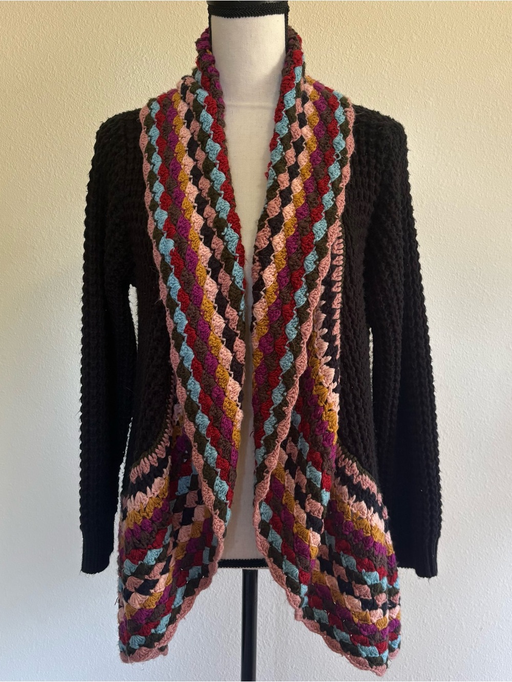 Black Open-Front Women’s Sweater Cardigan with Multicolor Crochet Trim